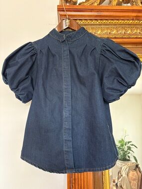 Women's Dark Blue Puff Sleeve Denim Top